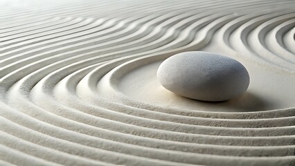 Zen garden sand with a single stone and wave patterns