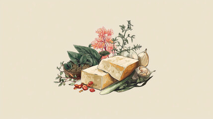 Minimalist illustration of tofu with vegetables and Thai herbs, featuring garlic, chili, and leafy greens, creating harmonious and natural composition