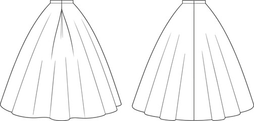 Cad drawing flat vector illustration, pleated skirt design, flared silhouette, waistband detail, fashion sketch, garment template, apparel flat, sewing vector