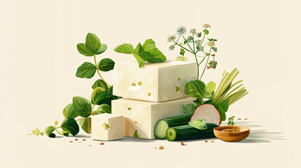 Minimalist illustration of tofu, vegetables, and Thai herbs creates fresh and vibrant composition. arrangement includes leafy greens, cucumber, and small bowl of spices, evoking sense of healthy