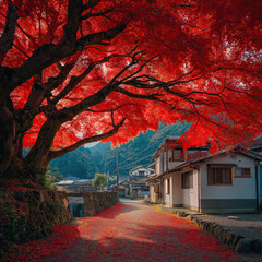 Serene Japanese countryside scene during momiji season, showcasing vibrant red maple leaves. picturesque village street is lined with traditional houses, creating peaceful autumn atmosphere