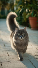 Fluffy gray cat with striking green eyes walks confidently on sunlit stone path, surrounded by lush greenery and terracotta pot, creating serene and elegant atmosphere