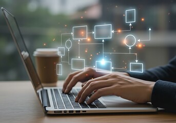 A conceptual image of a person working on a laptop, with a futuristic, interconnected process diagram floating above the keyboard.