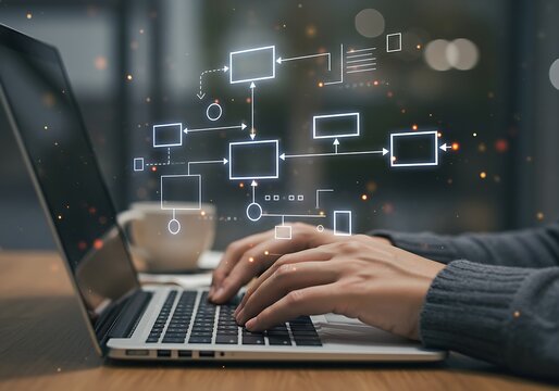 A digital workflow is visualized as a glowing diagram above a laptop, with a person's hands typing. - Powered by Adobe