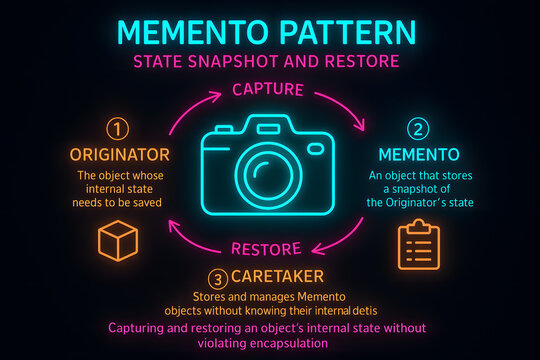 Memento Design Pattern Infographic for Object State Restoration in OOP