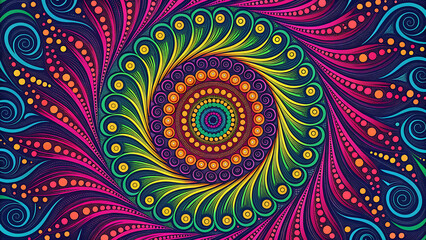Psychedelic floral seamless pattern with colorful geometric circles and a kaleidoscopic optical illusion design