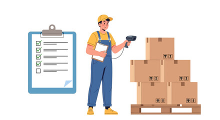 Warehouse employee using a scanner for stocktaking. Logistics worker managing inventory with a checklist and parcels.