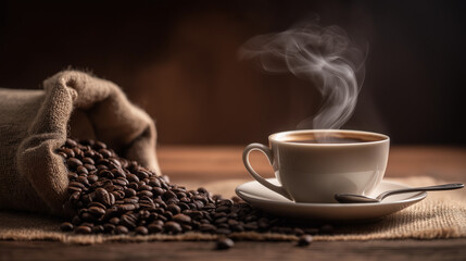Hot Fresh Coffee in White Cup with Roasted Beans on Rustic Burlap Background.

