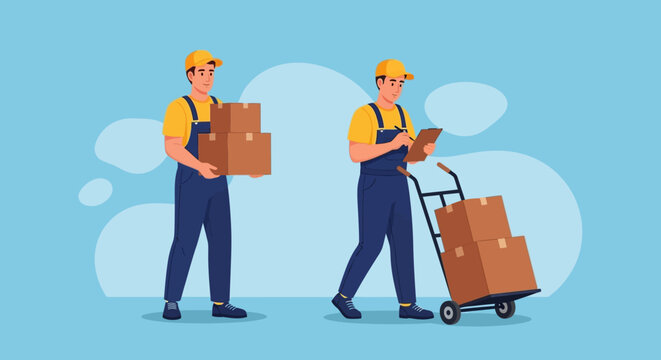 Efficient Delivery and Logistics Illustration. Male workers transport packages one carries boxes, another uses a hand truck, depicting reliable shipping and moving services.