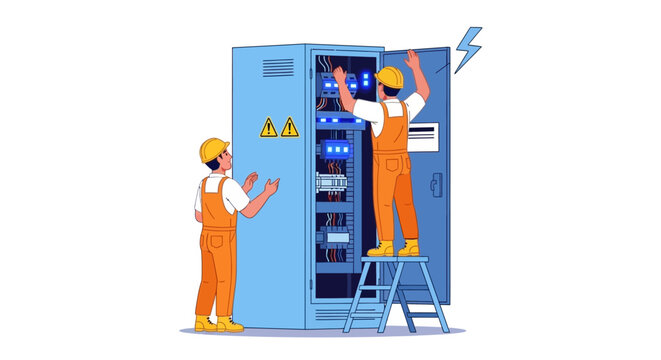 Electricians performing maintenance on an industrial power cabinet. Two technicians working together on an electrical switchboard.