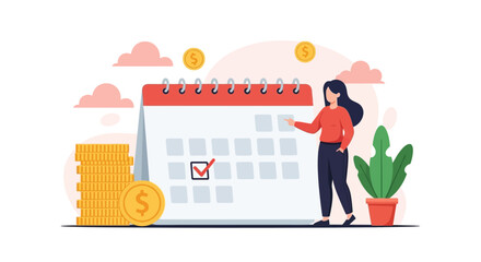 Managing finances with a calendar and coin stacks for financial planning, setting reminders, and reaching monetary goals.