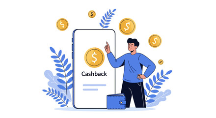 Cashback reward program concept with a man using a mobile application to get a refund. Vector illustration of financial savings and a loyalty program.