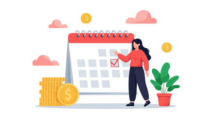 Businesswoman managing a financial schedule, marking a key date on a calendar for budgeting and payment planning.