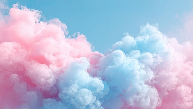 Fototapeta Pastel clouds in a vibrant sky.  Soft pink and light blue billowy clouds fill the frame against a pale blue sky