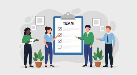 A diverse business team collaborating on a project checklist. Vector illustration concept of corporate teamwork, planning, and task management.