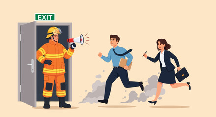 Workplace safety concept with a firefighter guiding business people to an emergency exit door during an evacuation drill.