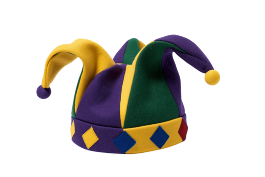 Colorful jester hat with a pointy brim, isolated on a transparent background in PNG format. - Powered by Adobe