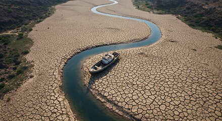 Obraz premium Dried riverbed with a meandering waterway and a derelict vessel, showcasing environmental drought.
