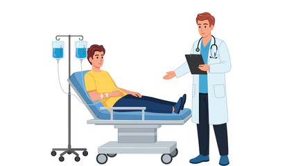 A male doctor consults with a young patient in a hospital bed with an IV drip, discussing medical treatment and diagnosis from a clipboard.