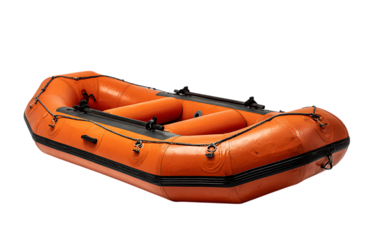 A bright orange inflatable raft, ideal for river rafting adventures.