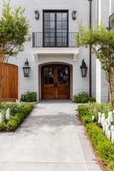 Fototapeta premium Beautiful house entrance with landscaped garden walkway and welcoming double wooden doors in a sunny residential neighborhood
