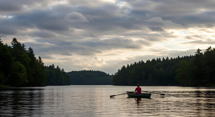 Man rowing boat on lake with forest background under cloudy sky and sun rays.
