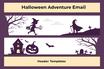 Halloween themed email header templates featuring witches, pumpkins, bats, and spooky landscapes design