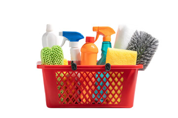 Cleaning supplies in a red basket.