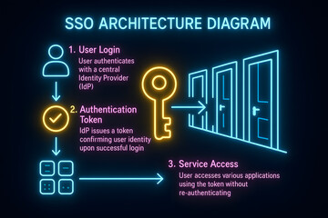 Single Sign-On Architecture Diagram with Neon Icons for Developer Documentation