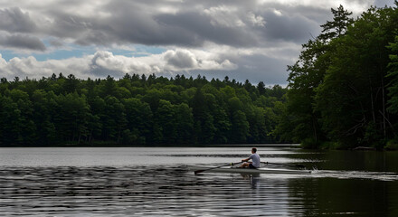 Man rowing boat on lake with forest background under cloudy sky and sun rays.
