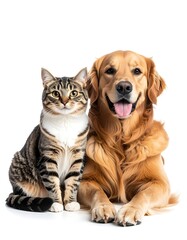 Two pets, a cat and a dog, friendly