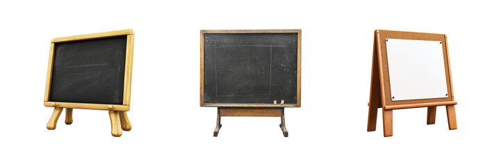Obraz premium Three Types Of Chalkboards And Whiteboard Stands. Educational And Presentation Tools Isolated On Transparent Background