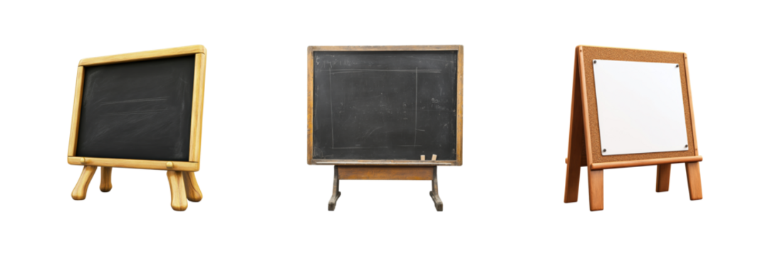 Three Types Of Chalkboards And Whiteboard Stands. Educational And Presentation Tools Isolated On Transparent Background