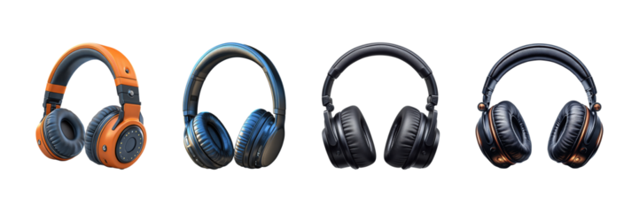 Four Stylish Over-Ear Headphones In Various Designs. Audio Technology And Fashion Accessories Isolated On Transparent Background