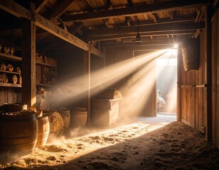 Sunlight streams into a dusty old barn