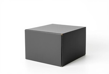 A matte black cardboard box, square, sits alone against a stark white background,   dark background,  texture