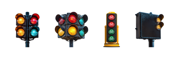 Traffic Lights And Signals Collection. Urban Traffic Management And Safety Systems Isolated On Transparent Background