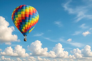 Naklejka premium A Colorful Hot Air Balloon Soars Through a Sky of Blue and White Clouds