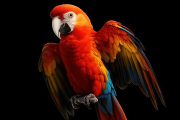 Fototapeta premium A vibrant red parrot with striking blue and yellow feathers stands out against a stark black background, its wings spread wide as if ready to take flight