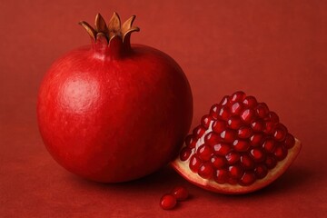 A vibrant red pomegranate with its rich seeds, halved to reveal the treasure within, set against a bold red backdrop