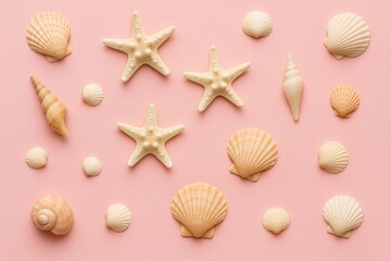A delightful array of seashells in shades of pink and white, meticulously arranged on a textured pink background