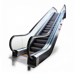 A sleek, modern escalator ascending against a white background, showcasing its clean design and functional purpose.