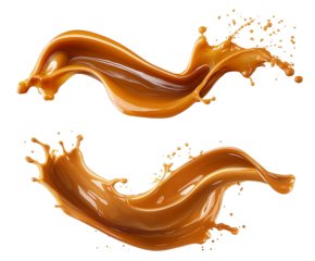 Delicious caramel splash on transparent background, cut out