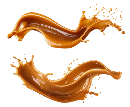 Delicious caramel splash on transparent background, cut out