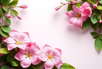 Elegant pink floral corner frame with green leaves and pink flowers; soft botanical design, copy space,  floral corner,  nature