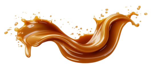 Delicious caramel splash on transparent background, cut out