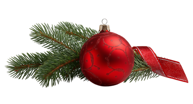  Red Christmas decoration with ribbon and pine branch isolated on a transparent background in PNG format.