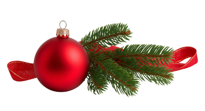  Red Christmas decoration with ribbon and pine branch isolated on a transparent background in PNG format.