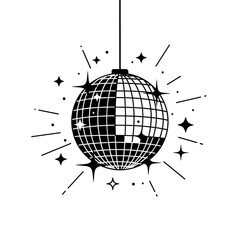 Illustration of a hanging disco ball with stars and light rays around it