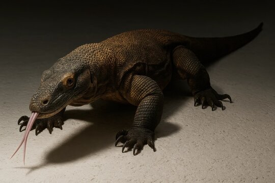 A solitary monitor lizard stretches its neck on a textured surface, showcasing its impressive length and distinctive coloration